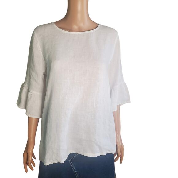 Terzo Millennio Size M White Linen Faux Back Buttons Ruffle Bell 3/4 Sleeve Top - Picture 1 of 10